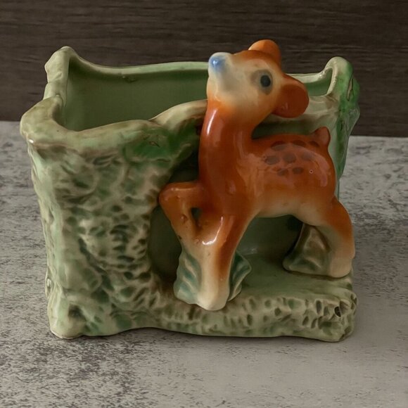 Vintage Baby Brown Spotted Deer Woodland Green Mini Planter Japan Ceramic 3.5" H - Picture 1 of 10